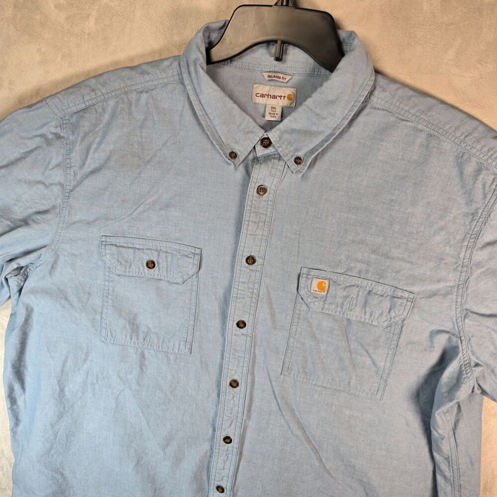 Carhartt Chambray Work Shirt Mens 3XLT Light Blue Relaxed Fit Long Sleeve